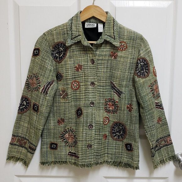 Chico's Blazer Women S Green Plaid Geometric Embellished Button Embroidered Boho - Picture 1 of 14